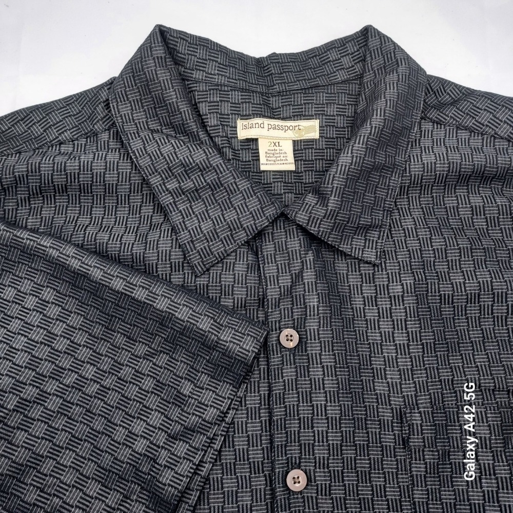 Island Passport Mens 2XL Short Sleeve Button Down‎ Shirt Charcoal Basketweave